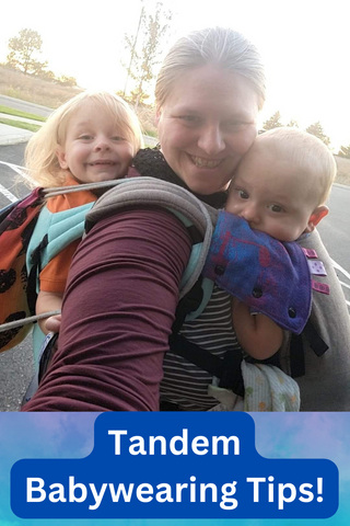 Mother carrying two children, one on her back and one on her front, with Lenny Light soft structured baby backpack carriers (SSCs) available at mama-roo.com. Text reads, "Tandem Babywearing Tips!"