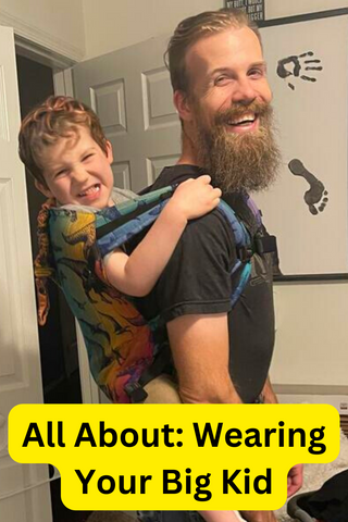 Customer photo - Dad smiles carrying child on back in Preschool SSC Jurassic Park New Era. Text reads, "All About: Wearing Your Big Kid"