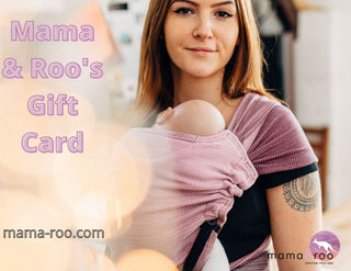 "Mama & Roo's Gift Card, mama-roo.com. Mama & Roo. Ethically made, joyfully carried" Picture of model wearing Lenny Hybrid Ombre Pink half buckle meh dai