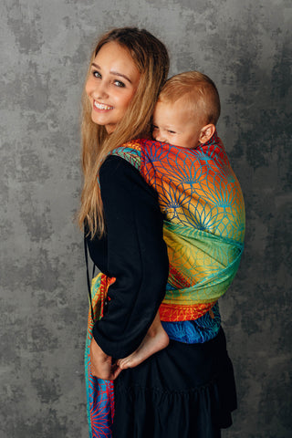 Preschool size wrap conversion hybrid half buckle baby carrier in print Rainbow Lotus