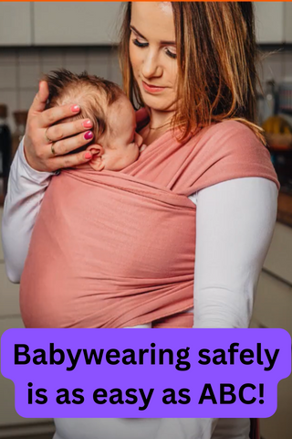 Mother carrying young baby in a stretchy wrap in Quartz, available at mama-roo.com. Text reads, "Babywearing safely is as easy as ABC!"