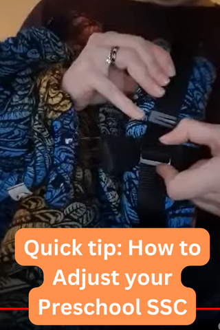 Mama & Roo's babywearing educator & founder Alexandra adjusts the chest clip of the Wild Soul Daedalus Preschool SSC baby backpack carrier. Text reads, "Quick tip: How to adjust your Preschool SSC"