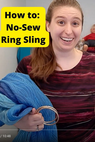 Mama & Roo's Founder holds a short wrap and pair of sling rings. Text reads, "How to: No-Sew Ring Sling"