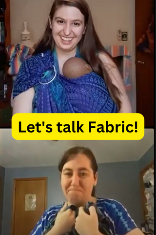 Screenshot of Alexandra and Jessi talking about fiber quality and fabric. Text reads, "Let's talk Fabric!"