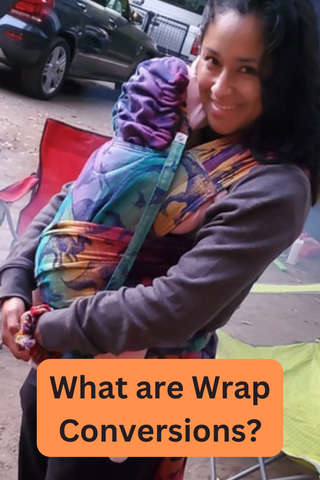 Mother carries her child in a wrap conversion combination meh dai baby carrier