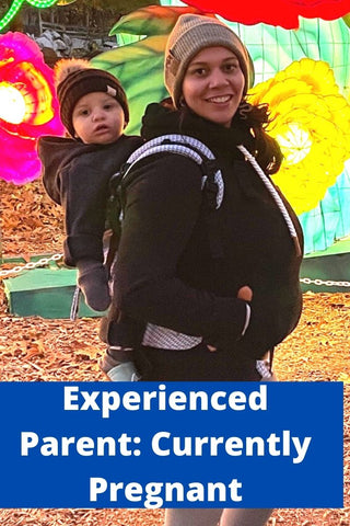 Pregnant mom carrying her son on her back in a preschool carrier. Text reads, "Experienced Parent: Currently Pregnant"