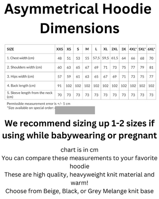 Dimensions Chart for Asymmetrical Hoodie