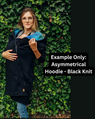 A sample image of a Asymmetrical Hoodie in Black Knit base - this is not the design you will receive, this is an example of what the item looks like. You will receive this item in the chosen preorder design for this listing.