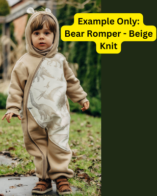 A sample image of a Bear Romper in Beige Knit base - this is not the design you will receive, this is an example of what the item looks like. You will receive this item in the chosen preorder design for this listing.