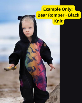 A sample image of a Bear Romper in Black Knit base - this is not the design you will receive, this is an example of what the item looks like. You will receive this item in the chosen preorder design for this listing.