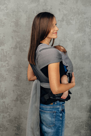 Wrap conversion Lenny Hybrid half buckle meh dai combination baby carrier for newborn to toddler in design Little Herringbone Ombre Grey