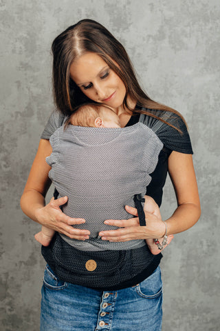 Wrap conversion Lenny Hybrid half buckle meh dai combination baby carrier for newborn to toddler in design Little Herringbone Ombre Grey