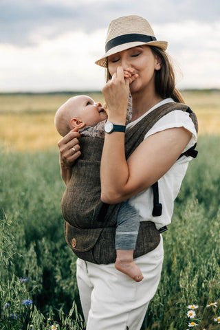 LennyLight wrap conversion soft structured baby backpack carrier (SSC) for children from newborn to 3yrs+ in linen luxury design Arrow - Wood, a beautiful deep forest brown with subtle chevron weaving pattern