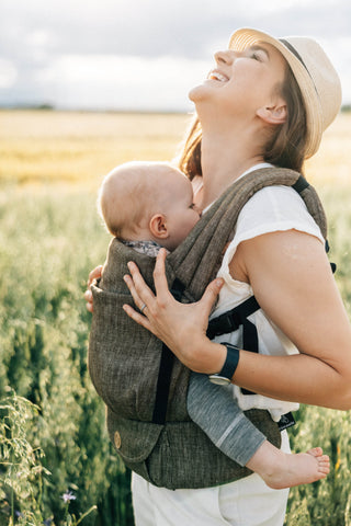 LennyLight wrap conversion soft structured baby backpack carrier (SSC) for children from newborn to 3yrs+ in linen luxury design Arrow - Wood, a beautiful deep forest brown with subtle chevron weaving pattern