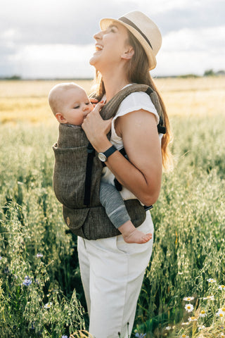 LennyLight wrap conversion soft structured baby backpack carrier (SSC) for children from newborn to 3yrs+ in linen luxury design Arrow - Wood, a beautiful deep forest brown with subtle chevron weaving pattern