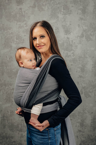 Long woven baby wrap, baby sling carrier in design Little Herringbone Ombre Grey
