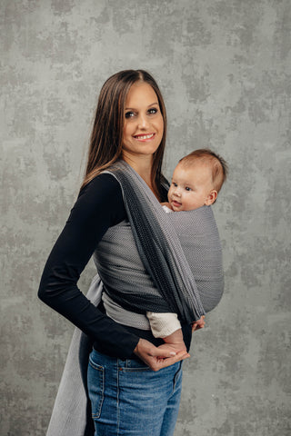 Long woven baby wrap, baby sling carrier in design Little Herringbone Ombre Grey