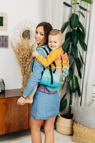 Preschool size wrap conversion soft structured baby backpack carrier (SSC) in cotton woven design Pastels, a beautiful muted stripe pattern in a broken twill weave