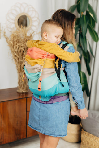 Preschool size wrap conversion soft structured baby backpack carrier (SSC) in cotton woven design Pastels, a beautiful muted stripe pattern in a broken twill weave