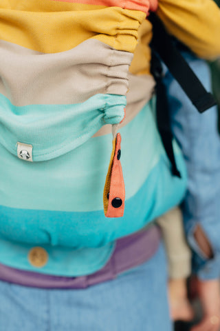 Preschool size wrap conversion soft structured baby backpack carrier (SSC) in cotton woven design Pastels, a beautiful muted stripe pattern in a broken twill weave