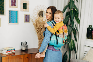 Preschool size wrap conversion soft structured baby backpack carrier (SSC) in cotton woven design Pastels, a beautiful muted stripe pattern in a broken twill weave