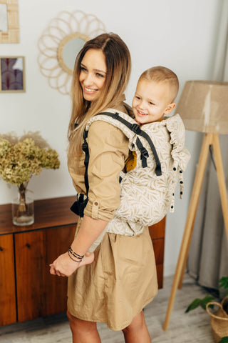 Preschool size wrap conversion soft structured baby backpack carrier (SSC) in bamboo / cotton luxury design Infinity Golden Hour
