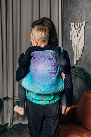 Preschool size wrap conversion soft structured baby backpack carrier (SSC) in design Peacock's Tail Fantasy
