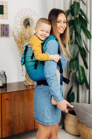 Preschool size soft structured baby backpack carrier in print Airglow